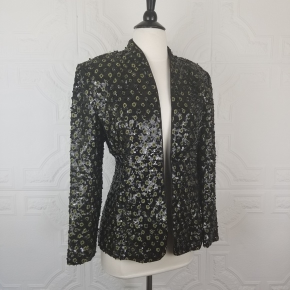 Black Sequin Beaded Evening Jacket Sequin Cocktail Blazer Gold Flower Accents S - Picture 4 of 9